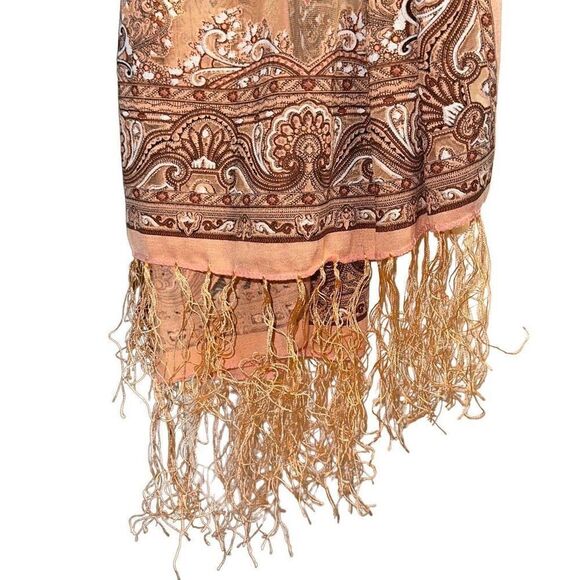 Delicate pink and peach shawl, scarf, wrap see through mesh & tassels 60 in long - Picture 5 of 10